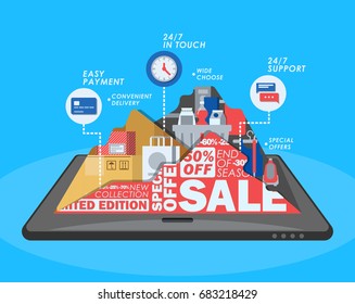 On-line shopping advantage vector concept. Tablet with flat illustration of sales, delivery, products and payment, chat support, time icons. 