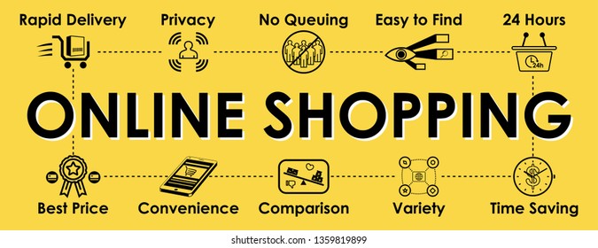 Online Shopping advantages banner isolated on yellow background. Header for website or social media page.  