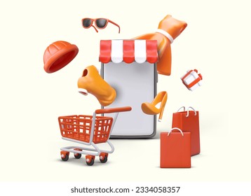 Online shopping advertising. Mobile application of store. Clothes, shoes, hats. Huge smartphone with blank screen, shopping cart, packages. Bright concept with floating 3D elements