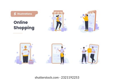 Online shopping affiliate partnership flat illustration set