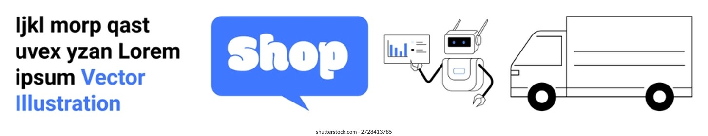 Compras en línea, análisis de IA, automatización del comercio, logística, servicios de entrega, gestión de datos. La Imagen muestra una burbuja de texto de la tienda, un robot analizando datos y un camión de reparto. Comercio electrónico