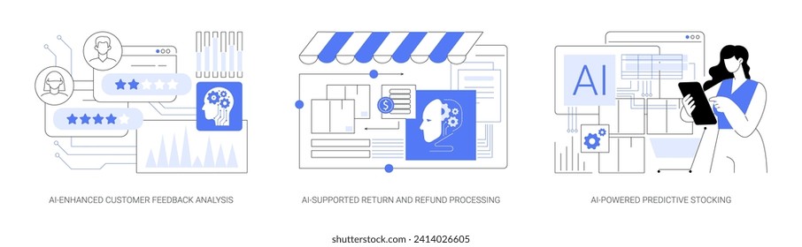 Online-Shopping mit abstraktem Konzept der AI Technology Vektorgrafik Set. AI-erweiterte Feedback-Analyse des Kunden, von AI unterstützte Rückgabe- und Rückerstattungsverarbeitung, abstrakte abstrakte Prädiktivspeichermetapher.