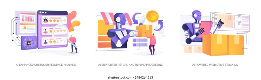 Online shopping with AI Technology abstract concept vector illustration set. AI-Enhanced Customer Feedback Analysis, AI-Supported Return and Refund Processing, Predictive Stocking abstract metaphor.