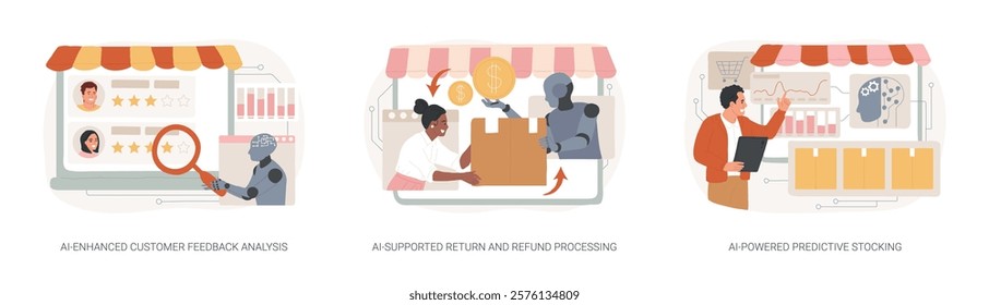 Online shopping with AI Technology abstract concept vector illustration set. AI-Enhanced Customer Feedback Analysis, AI-Supported Return and Refund Processing, Predictive Stocking abstract metaphor.