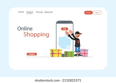 Compras en línea, aplicación para smartphones android, personaje de dibujos animados con cajas, diseño de sitios web, tamaño vectorial para uso comercial.