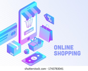 Online Shopping App in 3D Smartphone with Percentage Tag, Carry Bag, Basket, Parcel, Cash and Payment Card on White Grid Background.