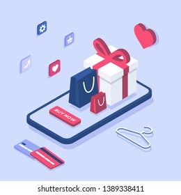 Online shopping app concept: gift, shopping items, credit cards, shopping bags on a isometric smartphone, applictaions icons. Buy now button. E-commerce concept, web banner, poster template