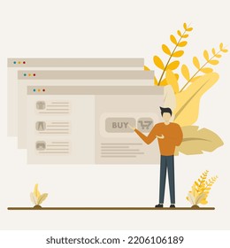 Online shopping app concept. Men give instructions to pay for goods that have been ordered through an online shopping application. Cartoon Flat Vector Illustration