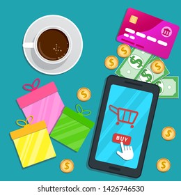 Online shopping app. Flat smartphone with cart icon and cursor pointer clicking buy button on screen. Table with credit card, gift boxes for special discount offer, cash, coins and cup of coffee