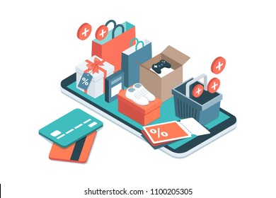 Online shopping app: gifts, shopping items, credit cards and discount coupons on a smartphone Online shopping app: gifts, shopping items, credit cards and discount coupons on a smartphone