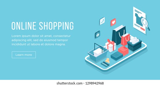 Online shopping app: gifts, shopping items, credit cards and discount coupons on a isometric smartphone. E-commerce concept, web banner