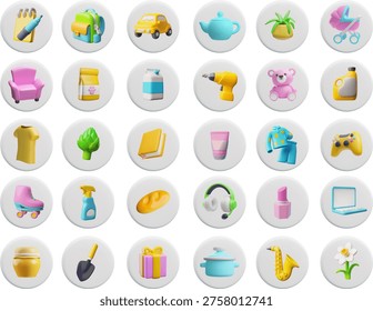 Online shopping app items collection 3D plastic style icons vector set. Digital marketing product categories design. Furniture, food products, clothing, entertainment, cosmetics, car, equipment