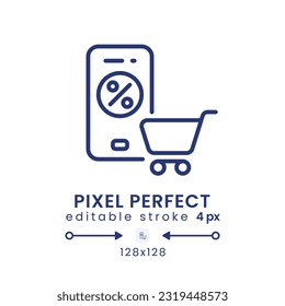 Icono de escritorio lineal de la aplicación de compras en línea. plataforma de comercio electrónico. Entrega de compras. Píxel perfecto 128x128, contorno 4px. GUI, diseño UX. Elemento de interfaz de usuario aislado para el sitio web. Trazo editable