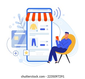 Online shopping app. Man sitting on chair and buying clothes in smartphone, paying with credit card. Male character choosing trousers and sweatshirt, e-commerce concept vector illustration