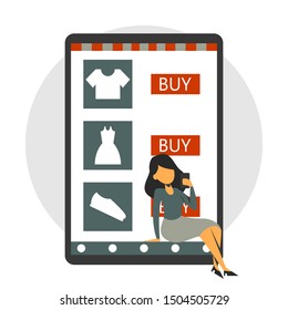 Online shopping app in the mobile phone, e-commerce. People buy product on store page web banner. Character with a phone vector isolated. Smartphone technology.