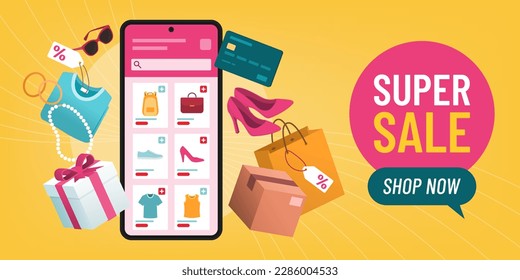 Online shopping app on smartphone and shopping items, promotion banner with copy space