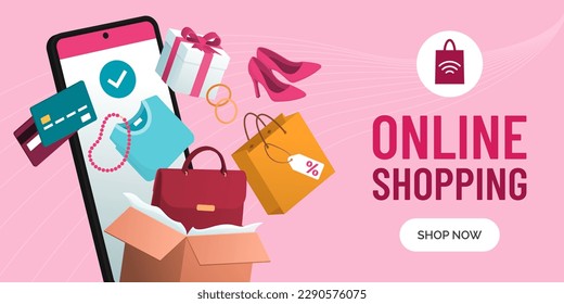 Online shopping app on smartphone and shopping items promotion banner with copy space