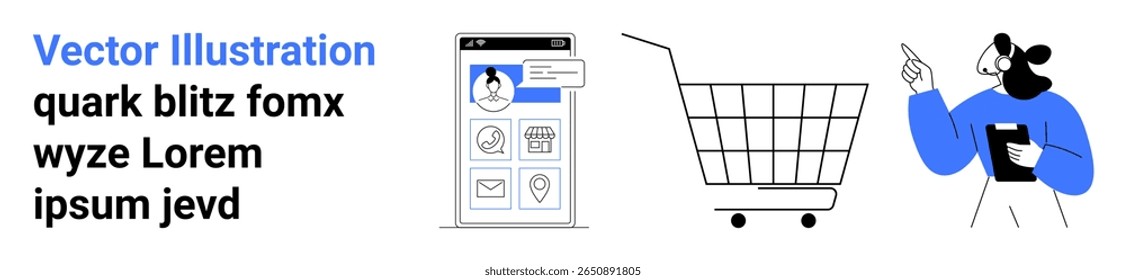 Tela de aplicativo de compras online com perfil, carrinho de compras e empresária segurando um tablet, apontando. Ideal para varejo, comércio eletrônico, compras on-line, marketing digital, aplicativos móveis, interface do usuário