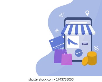 Online Shopping App in Smartphone with Buy Shoes Approved, Carry Bags, Payment Card and Coin Stack on Abstract Background.