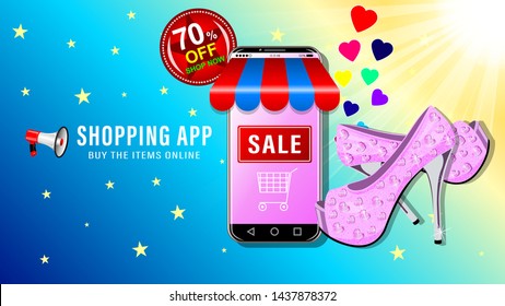 Online shopping app. Smartphone in the form of a store, women's pink shoes with shiny rhinestones on high heels. Sale and big discounts advertising banner, website page. Vector illustration.