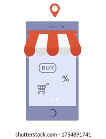 Online Shopping with App. Social Distancing, Food Delivery. Stay Home on Quarantine During Coronavirus Epidemic.Shopping cart. Flat Vector Illustration