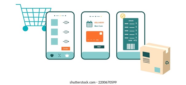 Online Shopping App Ui Template Vector Flat Illustration. Marketplace With Delivery Service Concept. Stay Home. Online Store, Paying By Card, Check.