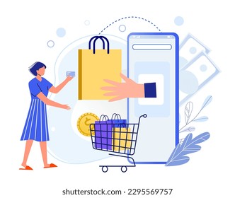 Aplicación de compras en línea. Mujer pagando por compra con tarjeta de crédito. Pantalla de Smartphone con bolso de compra a mano. Trole lleno de pedidos. Ilustración vectorial de la compra de caracteres femeninos