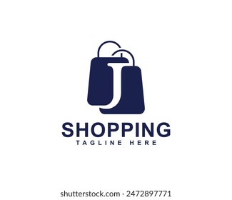 Compras en línea, aplicación de compras, marca y logotipo de la empresa. Letra J con logotipo de bolsa de compras. Bolso de compras con diseño de logotipo de combinación J.