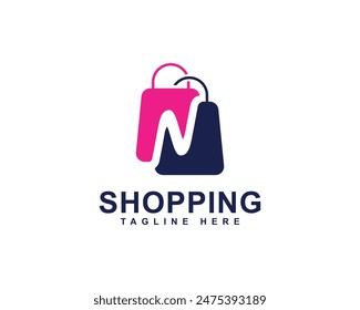 Online Shopping, Shopping Application Branding and Company Logo. Letter N with Shopping Bag Logo. Shopping Bag with Letter N Combination Logo Design.