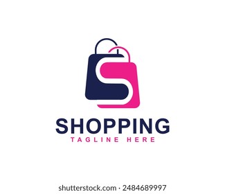 Compras en línea, aplicación de compras, marca y logotipo de la empresa. Letra S con logotipo de bolsa de compras. Bolso de compras con diseño de logotipo de combinación de letra S.