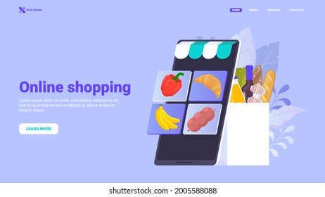 Online shopping application, e-commerce, online store app. Web application. Buy goods from home. Grocery, food, bakery online. Vector illustration, hero image, banner, web site, landing page.