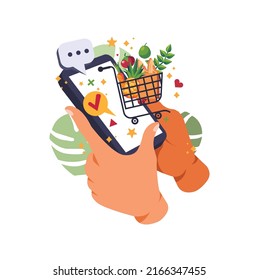 Online shopping application icon smartphone hand trolley