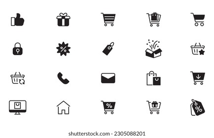 Aplicación de compras en línea Conjunto de iconos relacionados con la interfaz. signo de sitio web de icono sólido
