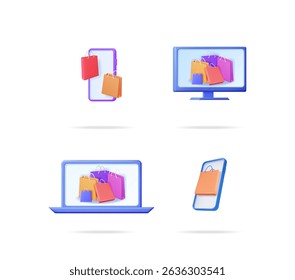 Online shopping application on electronic devices. Digital commerce concept with shopping bags. Ecommerce purchasing via computer, laptop and smartphone.