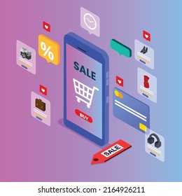 Online shopping application on mobile phone isometric 3d vector illustration concept for banner, website, illustration, landing page, flyer, etc.