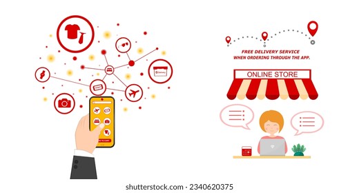 Aplicación de compras en línea en móvil o Smartphone, Infografía de pedidos de pago en la tienda online de Internet, Venta comercial minorista moderna y reserva de servicio de habitaciones o billetes de viaje.