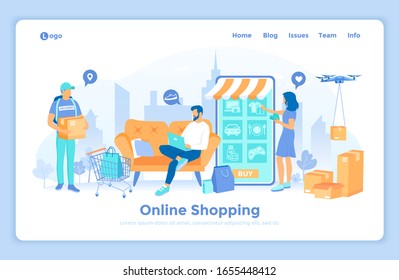 Online Shopping, Application, Service, Banking. People buy items online via phone and laptop. Home delivery service. landing web page design template decorated with people characters.