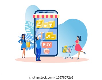 Online Shopping Application Vector Illustration. Cartoon Flat. Happy Girl Rolls Cart. Foreground is Large Smartphone with Goods on Screen. Supermarket Retail Online. App Internet Store.