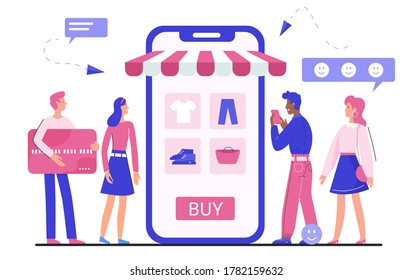 Online shopping application vector illustration. Cartoon tiny flat man woman buyer characters buying clothes and accessories, using mobile shop app, clothing internet store concept isolated on white