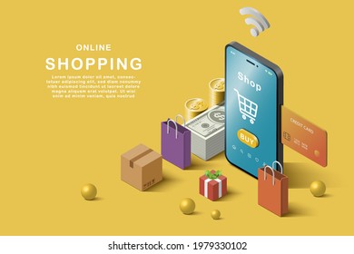 Online shopping application and website concept, digital marketing online, gifts, shopping items and credit cards on a smartphone. Isometric Background.