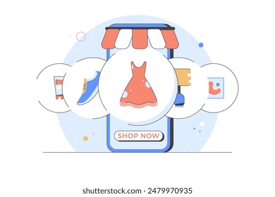 Online shopping application and website concept, digital marketing online, shopping cart with items on smartphone screen. Vector flat Illustration