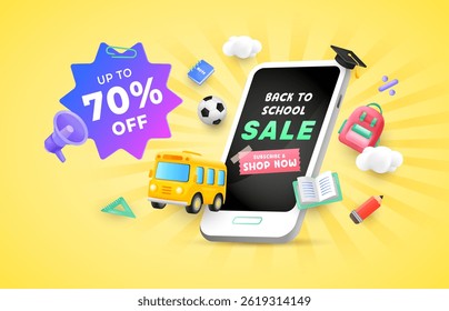 Online shopping and apps promotion design for back to school concept with burst yellow background. 3d sale concept elements. Vector illustration template for banner, web and promotion.