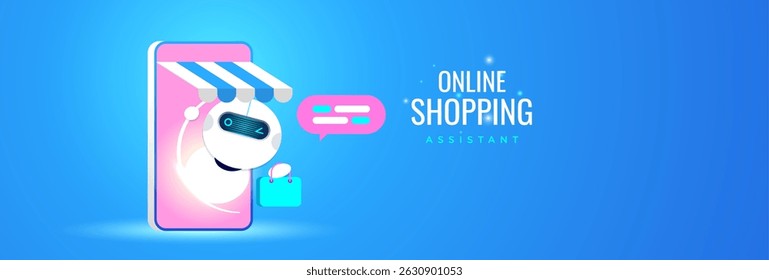 O chatbot do assistente de compras on-line emerge do telefone celular com uma sacola de compras, representando o suporte ao comércio eletrônico baseado em IA e o serviço virtual ao cliente em plataformas digitais.