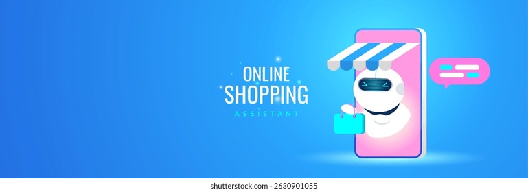O chatbot do assistente de compras on-line emerge do telefone celular com uma sacola de compras, representando o suporte ao comércio eletrônico baseado em IA e o serviço virtual ao cliente em plataformas digitais.