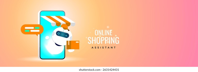 O robô Assistente de compras on-line fornece um pacote a partir de uma tela de smartphone, ilustrando serviços de atendimento e entrega ao cliente alimentados por IA em plataformas móveis de comércio eletrônico.