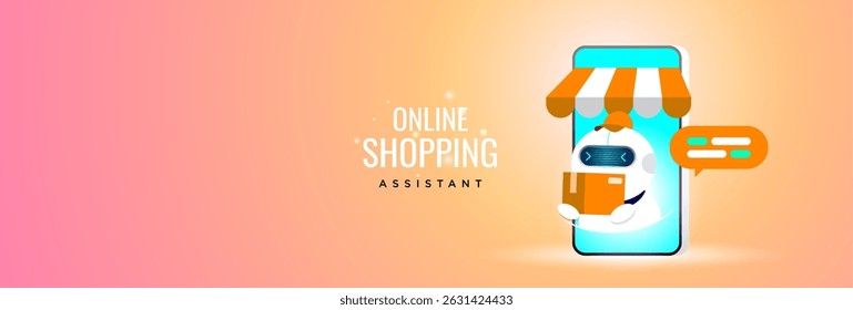 O robô Assistente de compras on-line fornece um pacote a partir de uma tela de smartphone, ilustrando serviços de atendimento e entrega ao cliente alimentados por IA em plataformas móveis de comércio eletrônico.