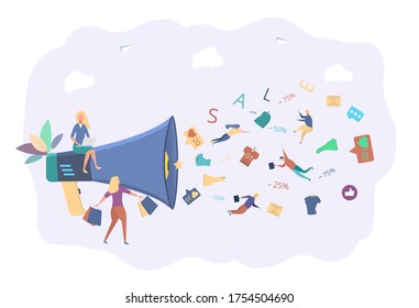 Online shopping. Attracting customers, buyers. The store sells installment goods to people, numbers, signs. Interest free sale. Colorful vector illustration.