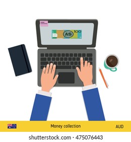 Online shopping. Australian Dollar banknote. E-commerce platform concept vector illustration.