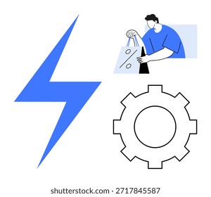 Compras online, automatización, integración tecnológica, eficiencia, energía, experiencia de usuario. La Imagen presenta un rayo azul, una persona con bolsas de compras y un ícono de engranaje. Automatización y eficiencia