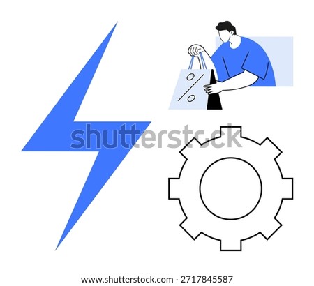 Online shopping, automation, technology integration, efficiency, energy, user experience. Image features a blue lightning bolt, person holding shopping bags and gear icon. Automation and efficiency